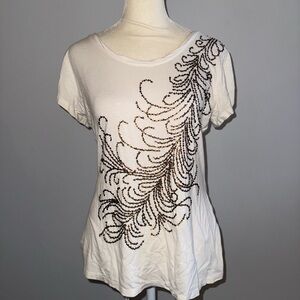 Cache White Top with Brown Beaded Design